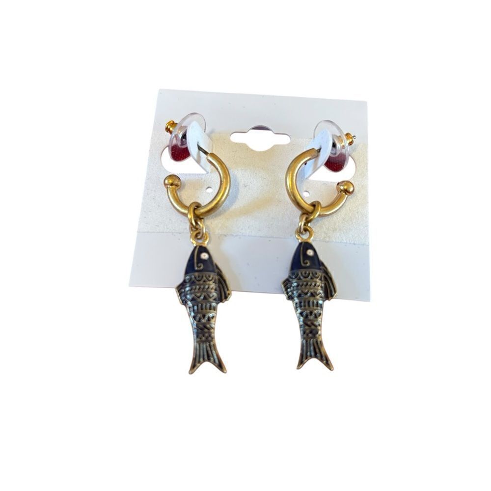 Zara Blue & Antique Gold Tone Drop Hoop Fish Earrings